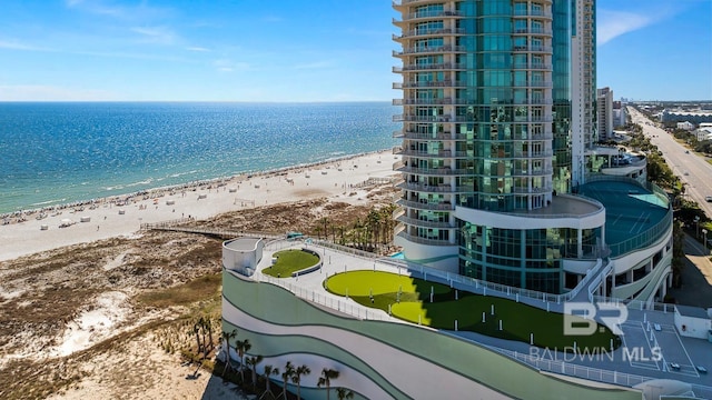 view of water feature with a beach view