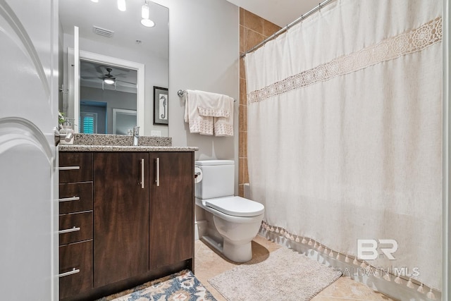 full bathroom featuring visible vents, toilet, tile patterned flooring, ceiling fan, and vanity