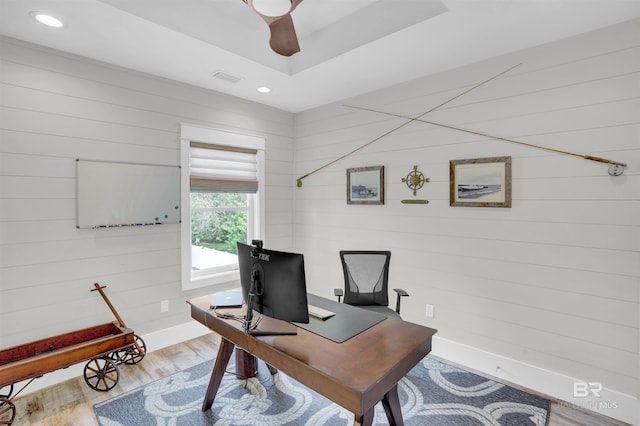 office featuring ceiling fan and light wood-type flooring