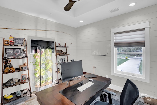 office featuring light hardwood / wood-style flooring and ceiling fan