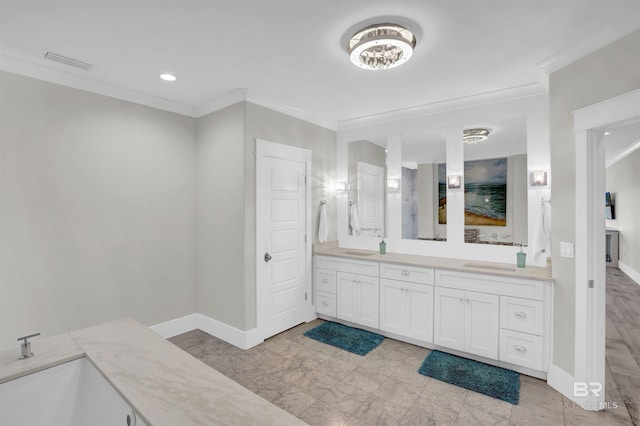 bathroom featuring tile flooring, crown molding, and large vanity