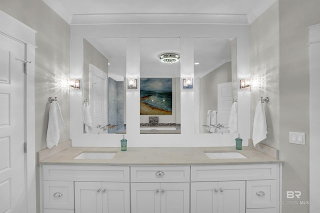 bathroom featuring crown molding and dual vanity