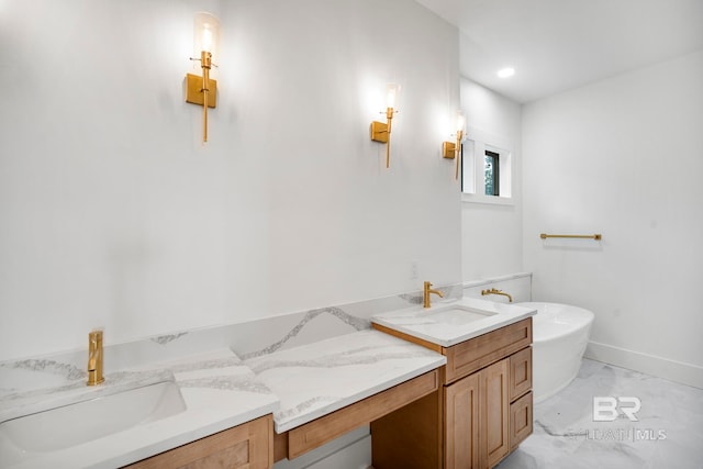 bathroom with vanity and a washtub