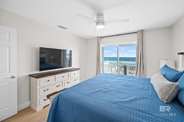 bedroom featuring visible vents, baseboards, ceiling fan, access to outside, and light wood-style floors