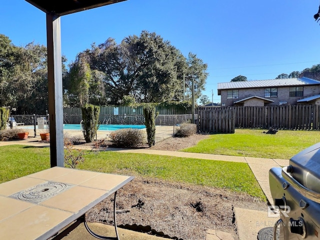 view of yard featuring a fenced backyard, a fenced in pool, and a patio