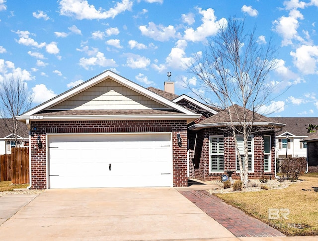 ranch-style house featuring a garage, brick siding, fence, driveway, and a chimney