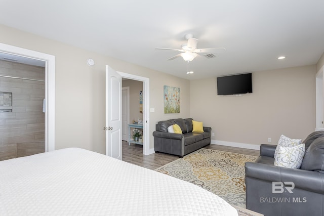 bedroom with recessed lighting, baseboards, ceiling fan, visible vents, and wood finished floors
