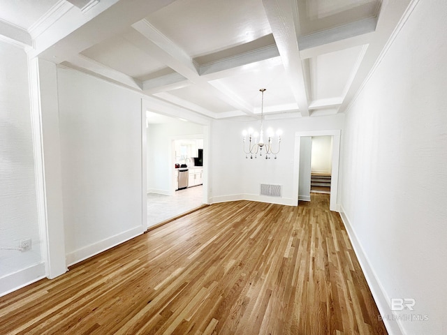 unfurnished dining area with light wood-style flooring, visible vents, a chandelier, coffered ceiling, and beamed ceiling