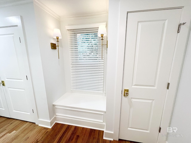 mudroom featuring wood finished floors, crown molding, and baseboards