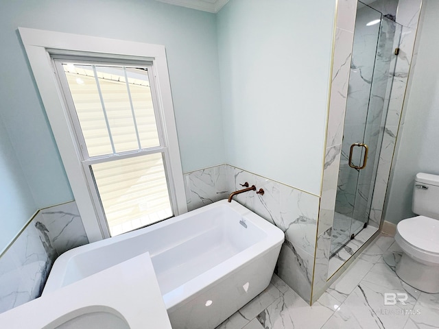 bathroom featuring tile walls, separate shower and tub, and toilet