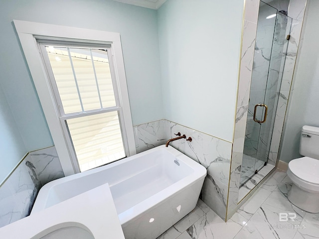 full bath with a marble finish shower, tile walls, marble finish floor, a soaking tub, and toilet