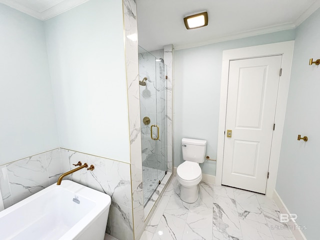 bathroom with marble finish floor, toilet, ornamental molding, a marble finish shower, and a soaking tub