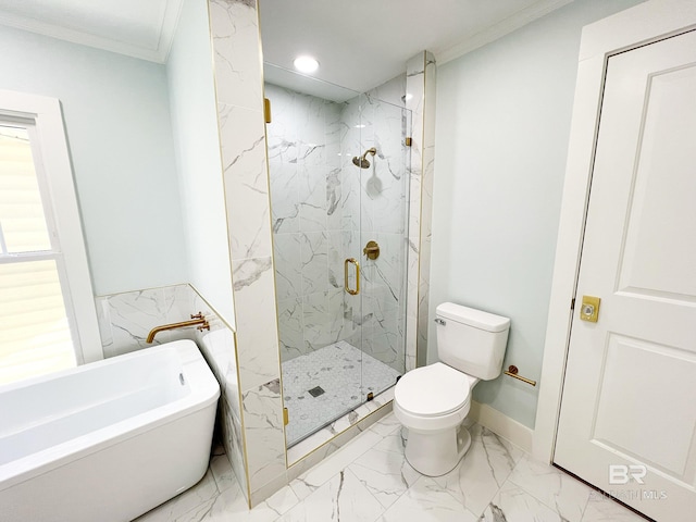full bath with marble finish floor, a freestanding bath, toilet, a marble finish shower, and ornamental molding
