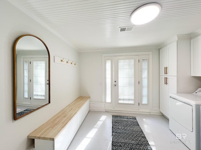 mudroom with plenty of natural light, visible vents, ornamental molding, and light tile patterned floors