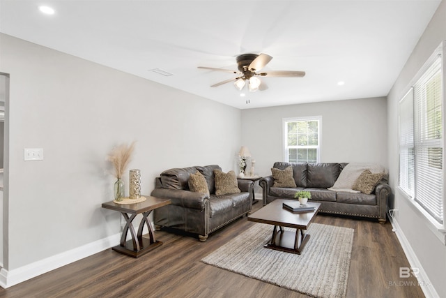 1508 Phillips Ln, Mobile, AL 36618 - living area with dark wood finished floors, a ceiling fan, baseboards, and recessed lighting
