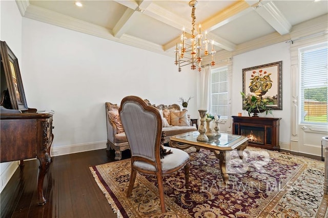 sitting room with coffered ceiling, crown molding, an inviting chandelier, dark hardwood / wood-style floors, and beamed ceiling