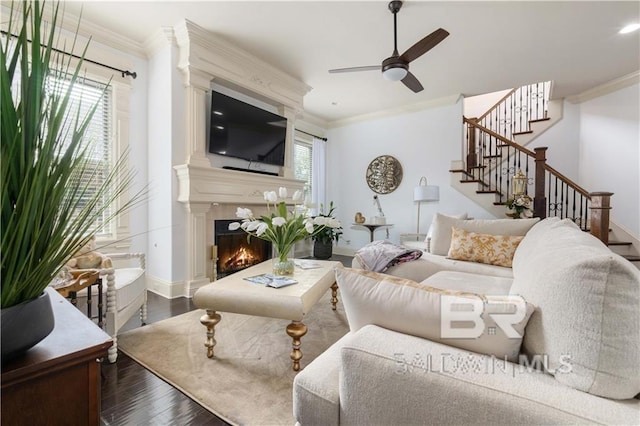 living room featuring crown molding, ceiling fan, and hardwood / wood-style flooring