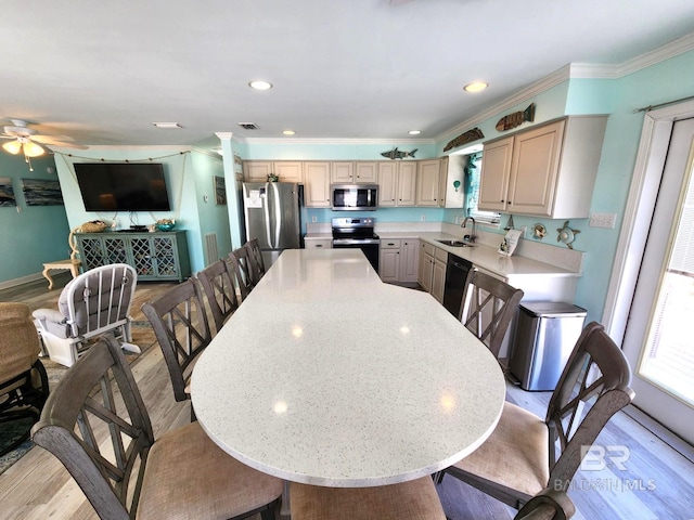 kitchen featuring light hardwood / wood-style floors, sink, crown molding, and stainless steel appliances