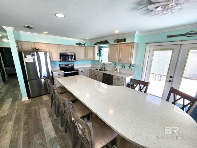 kitchen with appliances with stainless steel finishes, a kitchen breakfast bar, sink, a kitchen island, and dark hardwood / wood-style floors