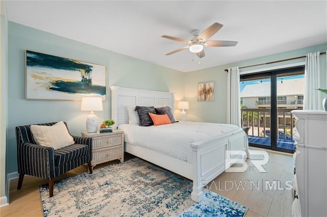 bedroom with light wood-type flooring, access to outside, baseboards, and a ceiling fan