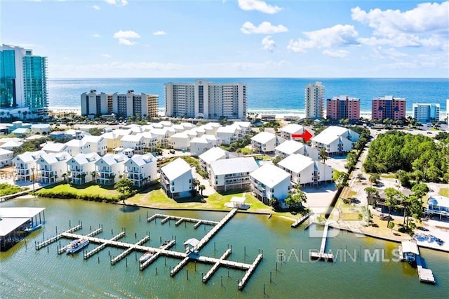 aerial view featuring a water view