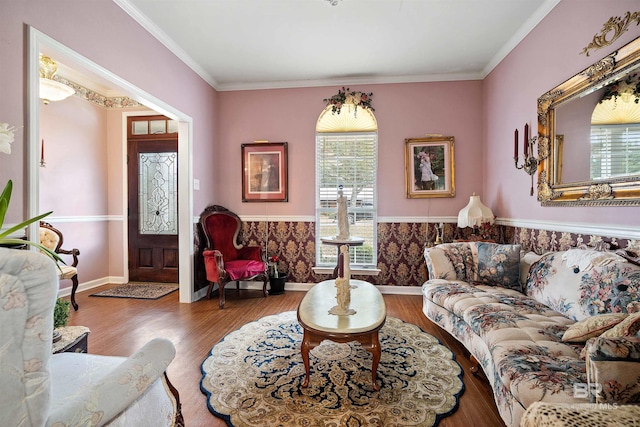 living room featuring ornamental molding and hardwood / wood-style floors