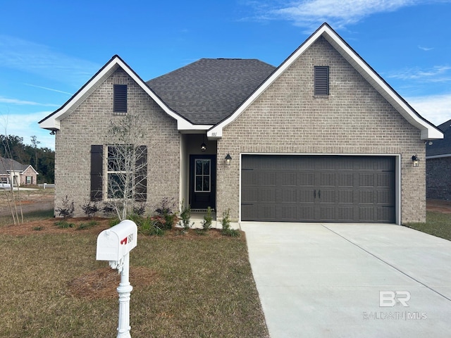 view of front of home with a front lawn and a garage