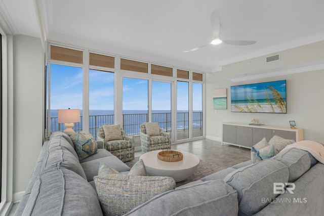 23008 W Perdido Beach Blvd Unit 1905, Orange Beach, AL 36561 - living area with ceiling fan, ornamental molding, and baseboards
