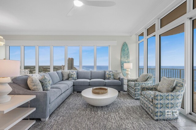 23008 W Perdido Beach Blvd Unit 1905, Orange Beach, AL 36561 - living room with a water view, crown molding, and ceiling fan