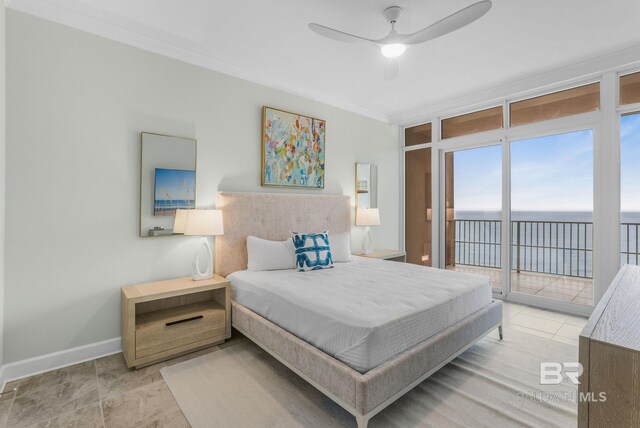 23008 W Perdido Beach Blvd Unit 1905, Orange Beach, AL 36561 - bedroom with a water view, access to outside, baseboards, ornamental molding, and tile patterned floors