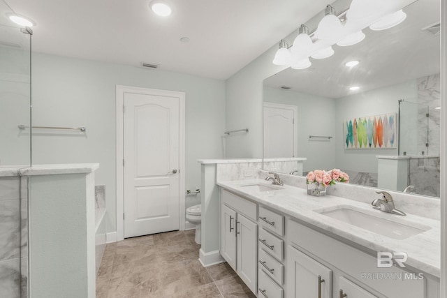23008 W Perdido Beach Blvd Unit 1905, Orange Beach, AL 36561 - full bathroom with toilet, a shower with shower door, double vanity, recessed lighting, and baseboards
