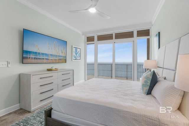 23008 W Perdido Beach Blvd Unit 1905, Orange Beach, AL 36561 - bedroom with crown molding, access to outside, baseboards, and a ceiling fan