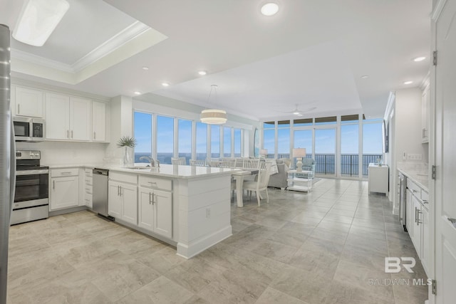 23008 W Perdido Beach Blvd Unit 1905, Orange Beach, AL 36561 - kitchen with appliances with stainless steel finishes, a sink, light countertops, white cabinetry, and a ceiling fan