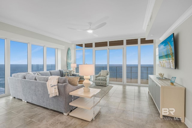 23008 W Perdido Beach Blvd Unit 1905, Orange Beach, AL 36561 - tiled living area featuring crown molding, a water view, and ceiling fan