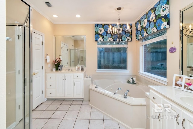 bathroom with crown molding, vanity, tile patterned floors, independent shower and bath, and a chandelier