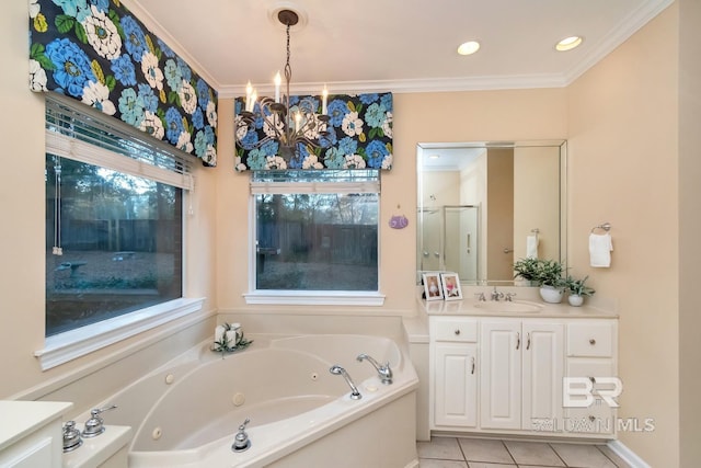 bathroom featuring tile patterned floors, crown molding, an inviting chandelier, vanity, and independent shower and bath