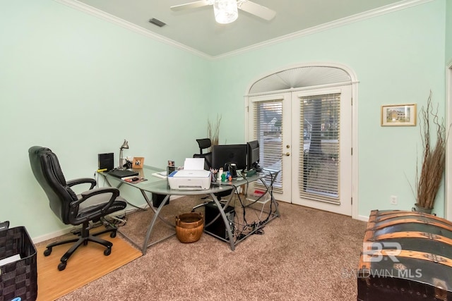 office featuring ornamental molding, carpet, ceiling fan, and french doors