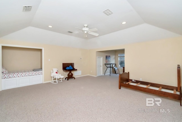 additional living space with lofted ceiling, ceiling fan, and carpet