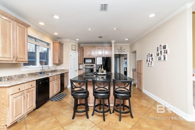 kitchen featuring sink, a center island, ornamental molding, black appliances, and light brown cabinetry