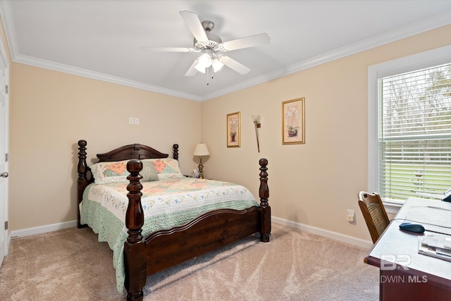 bedroom featuring ornamental molding, ceiling fan, baseboards, and carpet floors