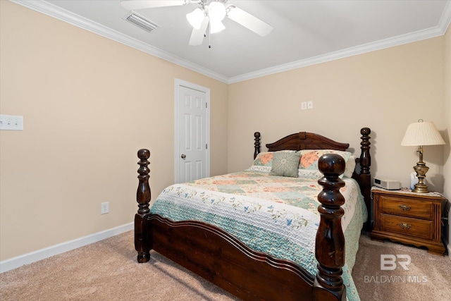 carpeted bedroom with crown molding, baseboards, visible vents, and ceiling fan