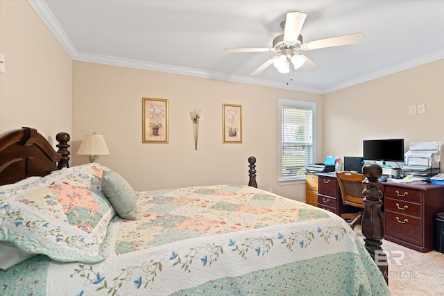 bedroom featuring carpet flooring, ceiling fan, and ornamental molding