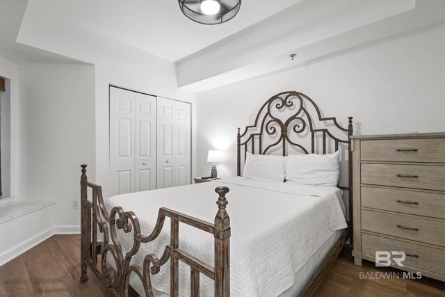 bedroom with dark wood-style floors, baseboards, and a closet