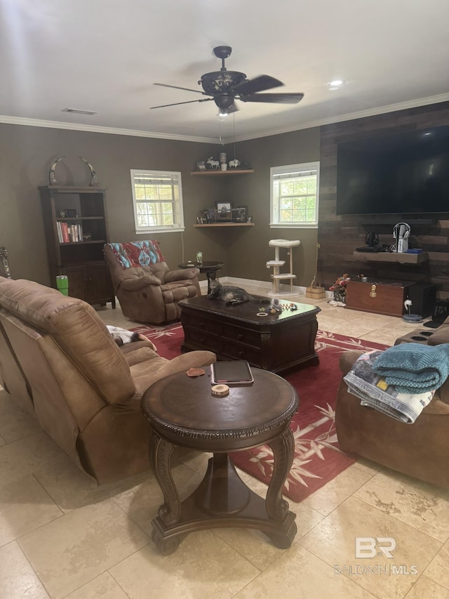32098 Jessup Ln, Lillian, AL 36549 - tiled living area featuring ornamental molding and a ceiling fan