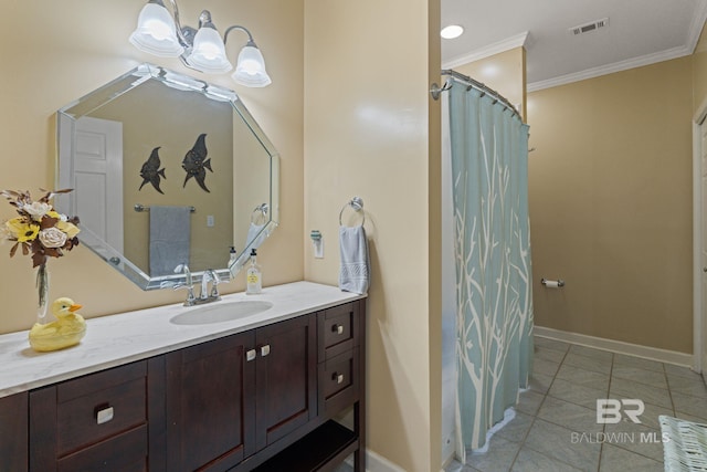 32098 Jessup Ln, Lillian, AL 36549 - full bathroom featuring ornamental molding, vanity, tile patterned flooring, baseboards, and curtained shower