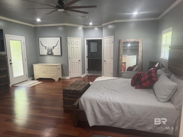 32098 Jessup Ln, Lillian, AL 36549 - bedroom featuring wood finished floors, crown molding, recessed lighting, baseboards, and ensuite bathroom