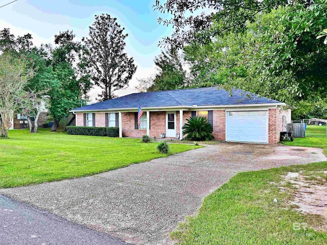 ranch-style home with a garage and a front yard