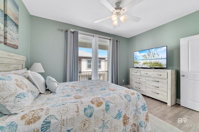 bedroom featuring ceiling fan, access to outside, and light wood-style flooring