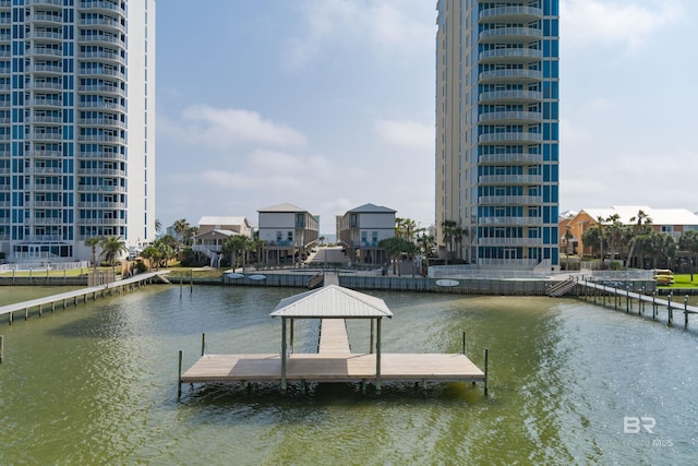 view of dock with a water view