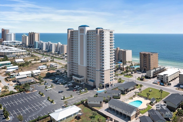 birds eye view of property featuring a water view